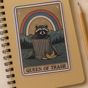 Queen of Trash Raccoon Sticker – Funny Holographic Vinyl Decal, Trash Panda Sticker, Cute Goth Sticker, Laptop Water Bottle Sticker