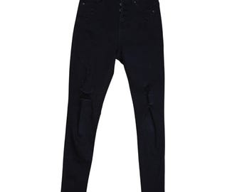 Jeans skinny neri a vita alta Enjean – Chiusura con bottoni, effetto consumato – Taglia 0