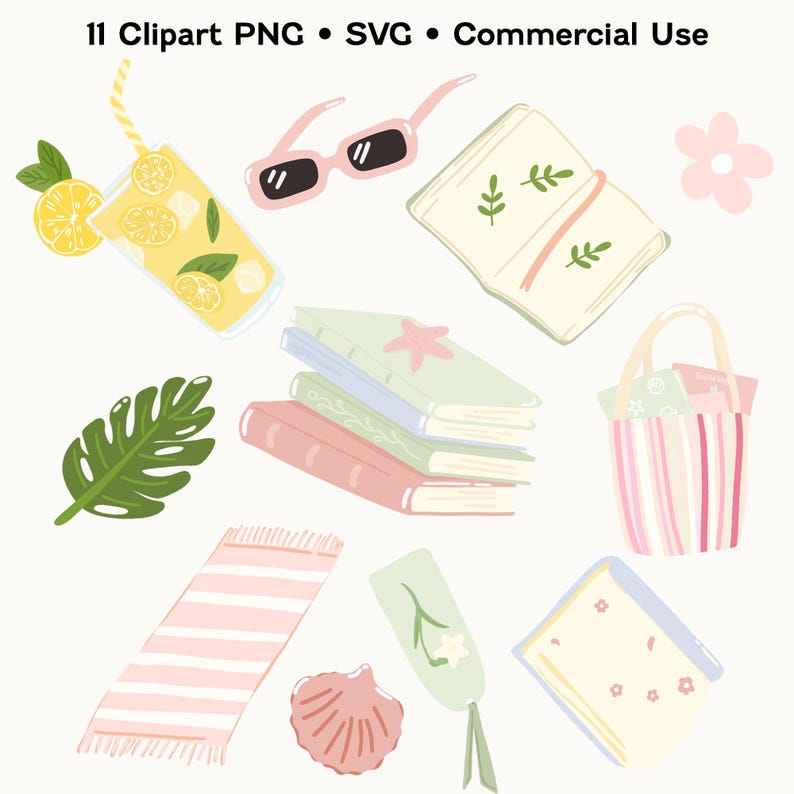 Beach Bookish Clipart Set PNG SVG, Summer Reading Journal Planner ...