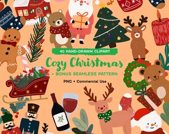 May include: A digital collection of 40 hand-drawn Christmas clipart illustrations featuring Santa Claus, a gingerbread person, reindeer, snowmen, a decorated tree, a red house, a sleigh, a wine bottle, and gifts on a light orange background.