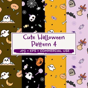 Kawaii Halloween Pattern Set - 4 Seamless Designs, Ghosts, Pumpkins, Skulls, Little Witch