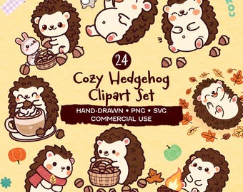 Cute Hedgehog Clipart Set, Hedgehog PNG SVG Bundle, Woodland Autumn Clipart for Stickers, Journals, Scrapbooking