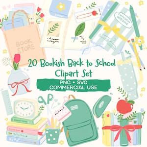 Pacchetto di clipart a tema libri per il ritorno a scuola, in formato PNG e SVG, per agende, diari e lavoretti creativi.