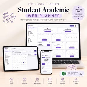 Puede incluir: Un planificador académico estudiantil web mostrado en una computadora portátil, tableta y teléfono inteligente. La interfaz presenta un panel con un temporizador de estudio, calendario y listas de tareas. El texto incluye Plan, Study, Achieve, Student Academic Web Planner, Easy to Use y Track your Progress. Los iconos representan el temporizador, horario, tareas, exámenes, metas y progreso.