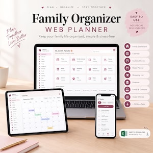 May include: A digital family organizer web planner displayed on a laptop, tablet, and smartphone. The interface features a dashboard, calendar, task lists, and meal planner. Text includes Family Organizer, Web Planner, and Plan Together Live Better.