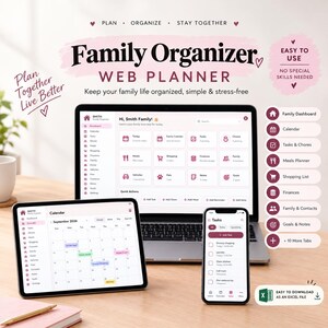 Family Organizer Web Planner, Digital Download for Family Calendar, Chores, Meal Plans, Grocery Lists, Budget & Bills