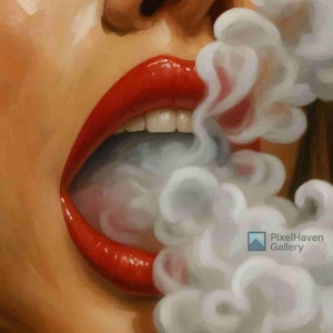 Red Lips Smoke Art Print: Modern Oil Painting Style (Digital Download)