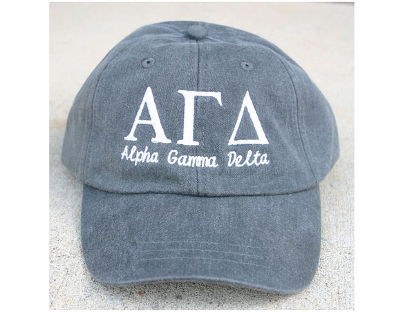 Alpha Gamma Delta script with BIG and LITTLE added to the back of baseball cap