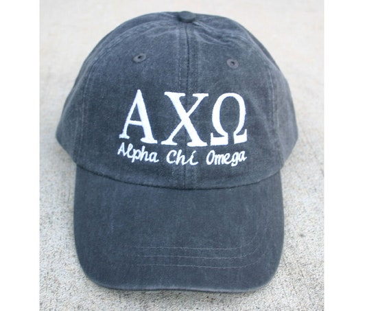 Alpha Chi Omega script with BIG and LITTLE added to the back of baseball cap