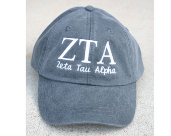 Zeta Tau Alpha script with BIG and LITTLE added to the back of baseball cap