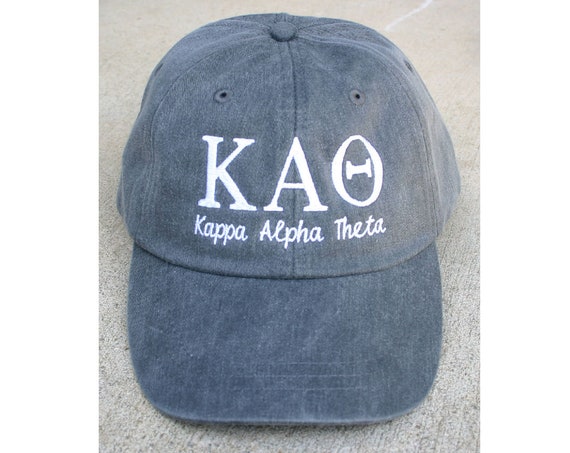 Kappa Alpha Theta script with BIG and LITTLE added to the back of baseball cap