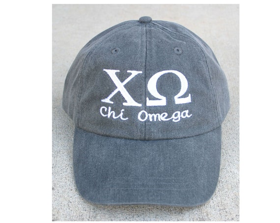 Chi Omega script with BIG and LITTLE added to the back of baseball cap