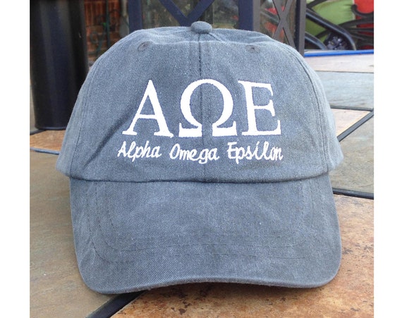 Alpha Omega Epsilon with script baseball cap