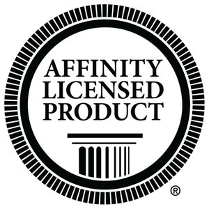 May include: Black and white circular seal with the text "AFFINITY LICENSED PRODUCT" and a stylized image of a pillar. The seal has a registered trademark symbol in the lower right corner.