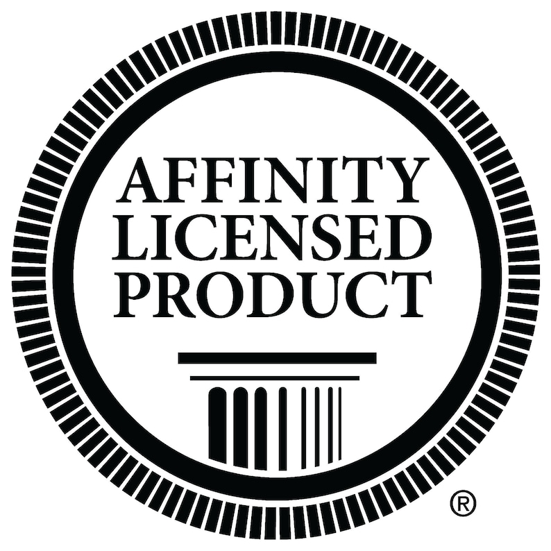 May include: Black and white circular seal with the text "AFFINITY LICENSED PRODUCT" and a stylized image of a pillar. The seal has a registered trademark symbol in the lower right corner.