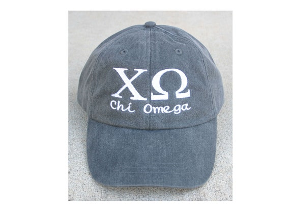 Chi Omega script with BIG and LITTLE added to the back of baseball cap