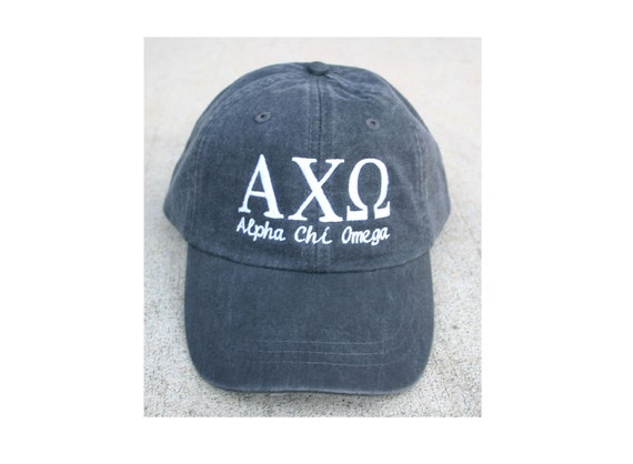 Alpha Chi Omega script with BIG and LITTLE added to the back of baseball cap