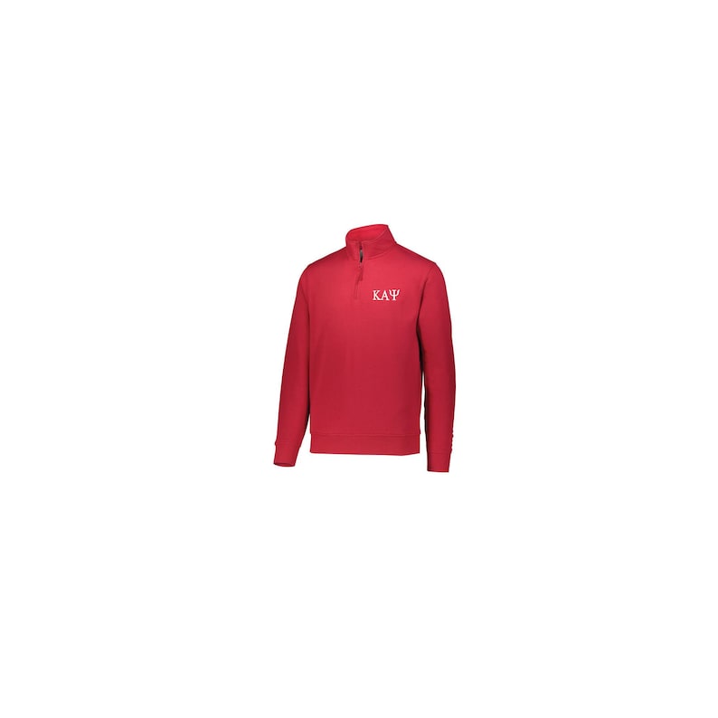 K&ouml;nnte beinhalten: Roter Pullover mit 1/4-Rei&szlig;verschluss und einem wei&szlig;en gestickten "&Kappa;&Alpha;&Psi;"-Logo.