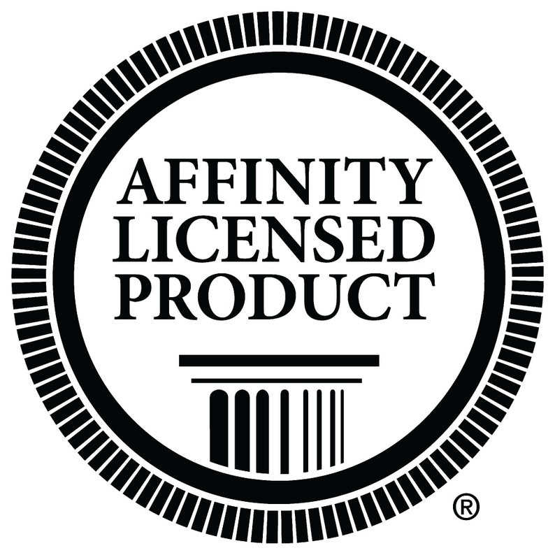May include: Black and white circular seal with the text "AFFINITY LICENSED PRODUCT" and a stylised image of a pillar. The seal has a registered trademark symbol in the bottom right corner.