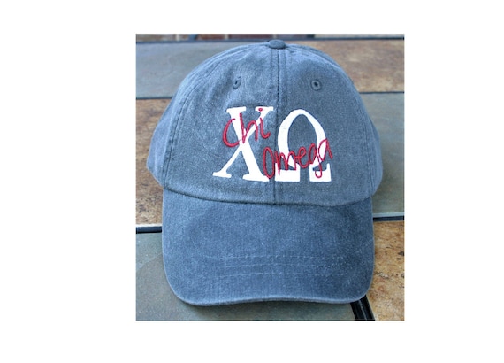 Custom baseball cap with greek letters and script overlay