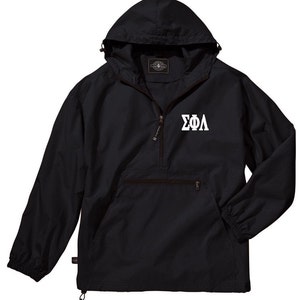 May include: Black hooded windbreaker jacket with a white embroidered Greek letter logo "ΣΦΛ".