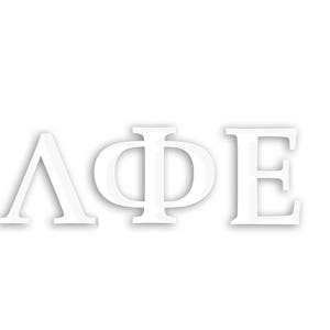 May include: White letters spelling out the Greek letters Lambda, Phi, and Epsilon.
