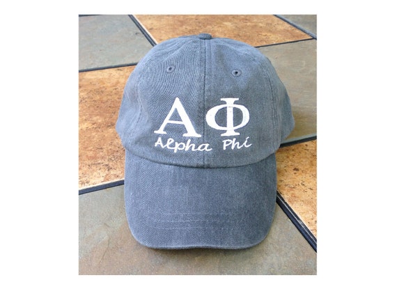 Alpha Phi script with BIG and LITTLE added to the back of baseball cap