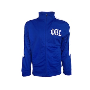 May include: A royal blue track jacket with white accents and the letters "ΦΒΣ" embroidered on the chest.