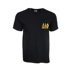 May include: Black t-shirt with a pocket on the left side. The pocket has a gold embroidered Greek letter design that says "ΔΦ".