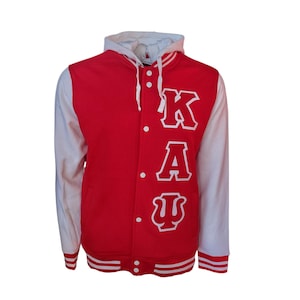 May include: Red and white letterman jacket with a hood. The jacket features white sleeves, a white hood, and the letters "K A Ψ" in white on the front. The jacket has a button-up closure and striped cuffs and hem.