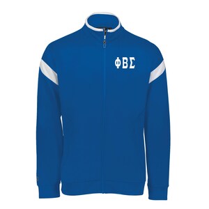May include: A royal blue zip-up jacket with white stripes on the sleeves and a white "ΦΒΣ" logo on the chest.