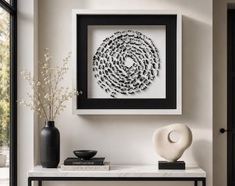 Monokrom fjärilsspiral 3D-skugglåda, handgjord pappersväggkonst, originalkonstverk