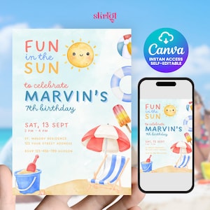 Beach Pool Party Invitation: Summer Birthday, Canva Template 5x7 inch