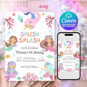 Pink Mermaid 4th Birthday Invitation: Under the Sea Party, Editable Canva Template (Digital Download)