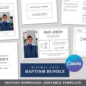 Pode incluir: Um conjunto de batismo imprimível com um design de grade minimalista. O conjunto inclui um sinal de boas-vindas, um convite, um livro de visitas e um sinal de parabéns. O texto do convite diz "Mack Jensen gostaria de convidá-lo para seu batismo". A data e hora do batismo são 2 de junho de 2025, das 18h00 às 19h00. O local é 10070 W. Azure Drive, Las Vegas, NV 89148. O texto do sinal de boas-vindas diz "Bem-vindo ao batismo de Mack". A data do batismo é 2 de junho de 2025. O texto do sinal de parabéns diz "Parabéns!" O texto do livro de visitas diz "Por favor, deixe uma mensagem. Compartilhe seu testemunho ou um pensamento especial sobre Mack."