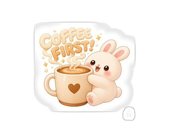 Coffee First Bunny Aufkleber – Niedlicher Kawaii-Hasenaufkleber