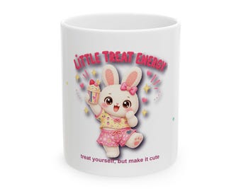 Cute Bunny Mug, Little Treat Energy Coffee Cup, Kawaii Rabbit Gift Under 10