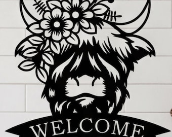 Cartello di benvenuto personalizzato con mucca, insegna in metallo personalizzata, decorazione unica in stile rustico, insegna in metallo per l'ingresso di casa