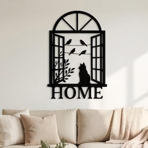 Cat in Window Metal Wall Art, Birds and Cat Silhouette Decor, Cozy Home Welcome Sign, Nature Inspired Cat Lover Gift, Artistic Wall Accent