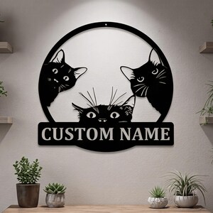 Personalized Three Cats Metal Wall Art, Custom Name Sign, Cute Kitten Peeking Silhouette Home Decor Gift
