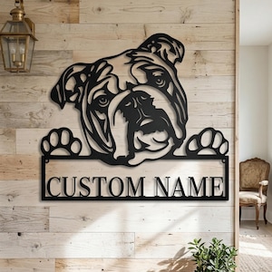 Personalized Bulldog Metal Name Sign, Custom Dog Remembrance Gift for Dog Lovers, Peeking Dog Wall Art Large Decor, Unique Dog Dad Gifts