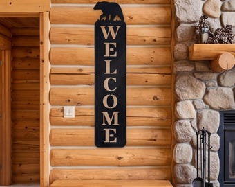 Letrero de bienvenida con forma de oso, decoración vertical de metal para exteriores, letrero para porche de cabaña, arte de pared rústico de bosque, decoración de entrada de cabaña
