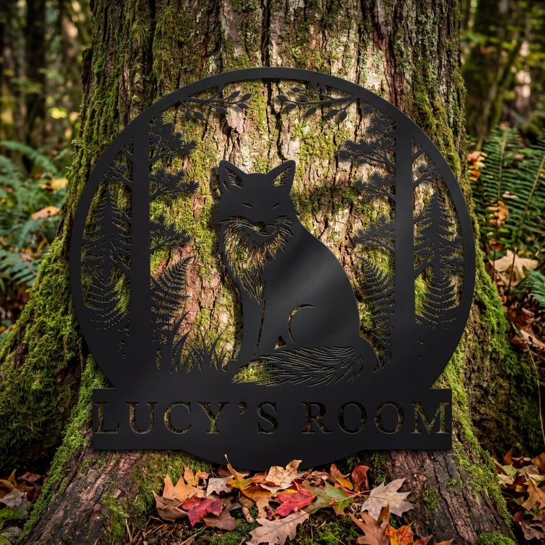 May include: A black metal sign featuring a fox in a forest scene. The fox is centered within a circular frame with trees and ferns. The text "LUCY'S ROOM" is displayed at the bottom of the sign. The sign is mounted on a tree trunk.