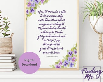 Ephesians 3:20-21 Print | Watercolor Pansies, Bible Verse (Digital Download)