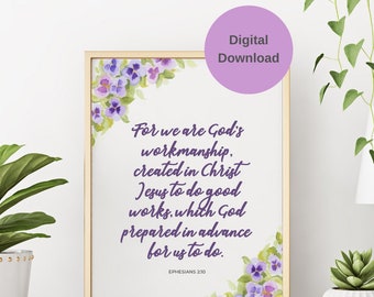 Ephesians 2:10 Pansies Watercolor Bible Verse Art (Digital Download)