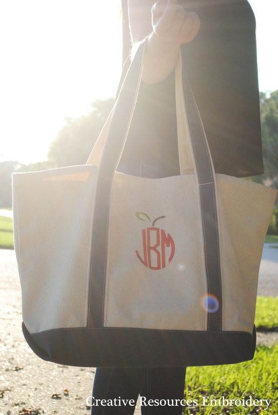 Teacher Tote with Apple Monogram | Etsy