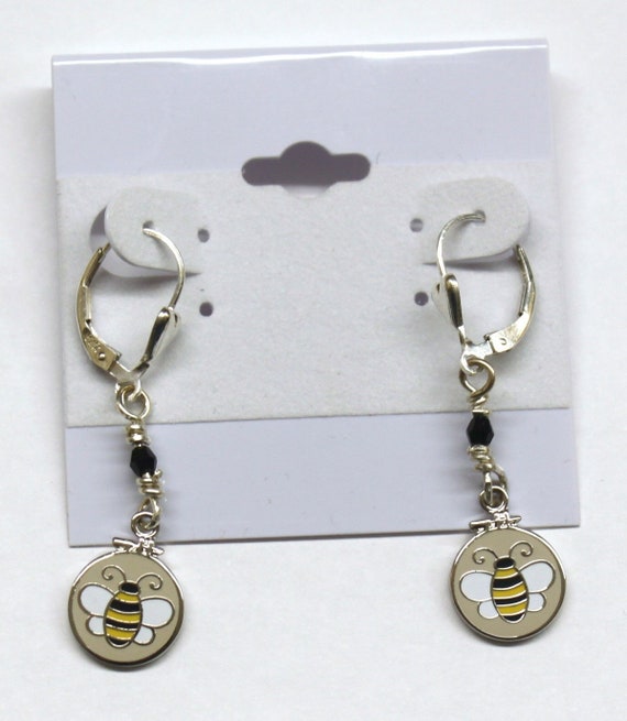 Sterling Silver Earrings with Swarovski crystals and Embroidery Hoop Bees