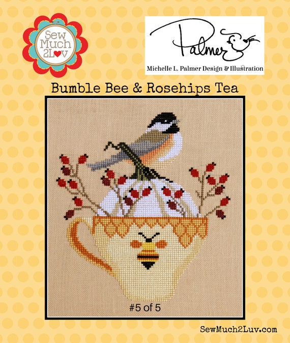 Bumble Bee & Rosehips Tea Cross Stitch Chart