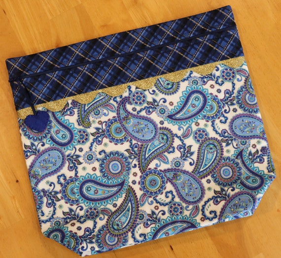 MORE2LUV Metallic Gold Blue Paisley Cross Stitch Project Bag