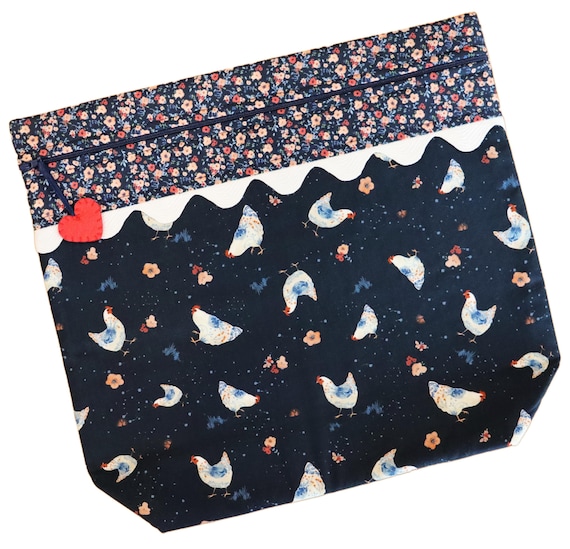 MORE2LUV Floral Hens on Navy Cross Stitch Project Bag